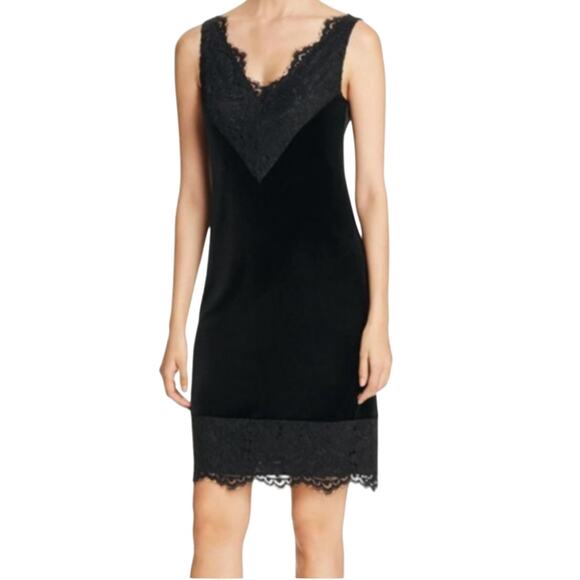 Calvin Klein Velvet Black V Neck Dress with Lace Trim Size 2 NWT $129 - Picture 1 of 15